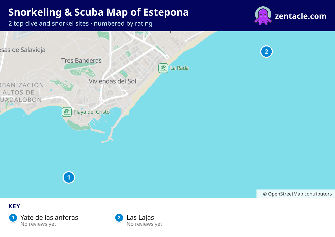 Snorkeling & Scuba Map of Estepona: numbered map of the top 2 dive and snorkel sites, with ratings