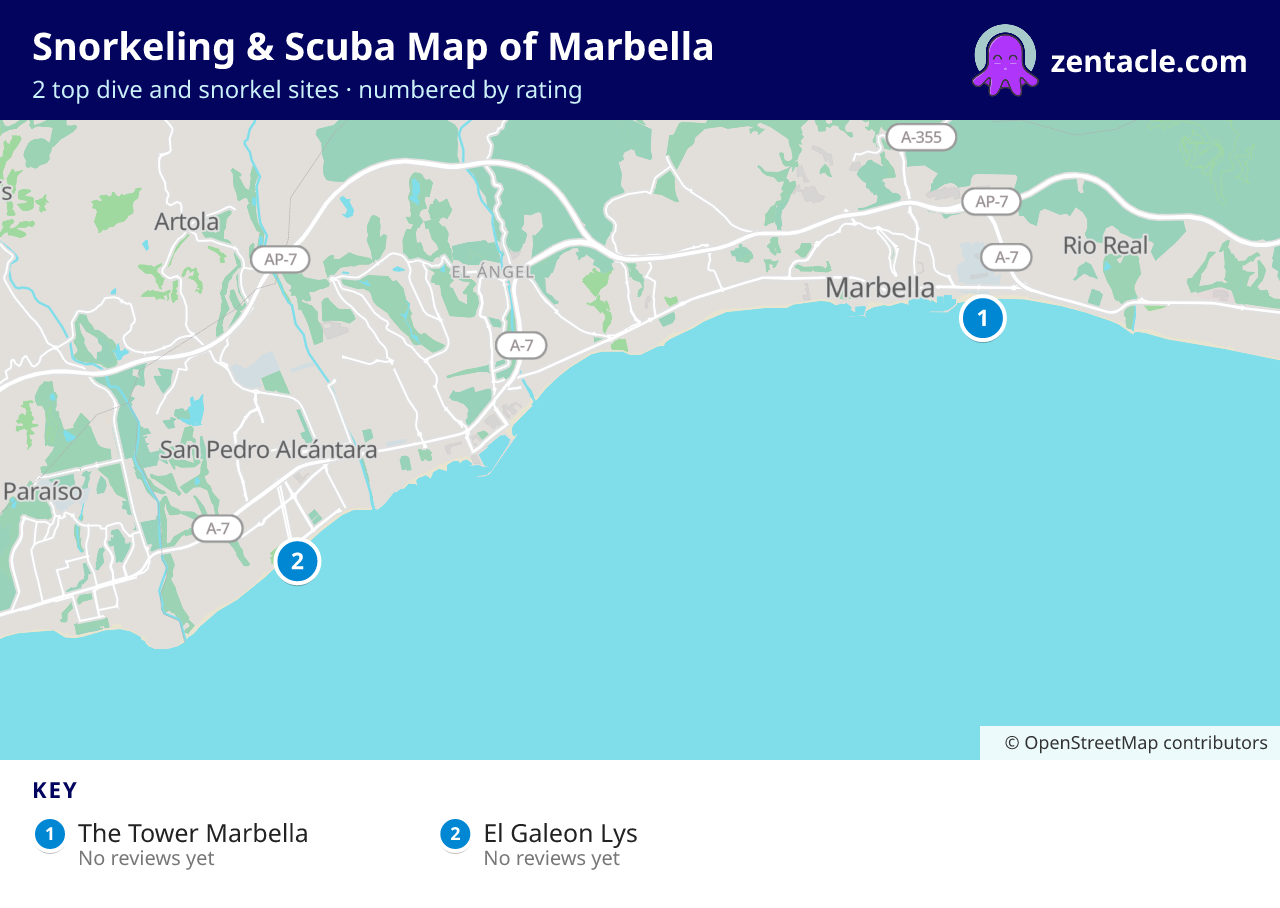 Snorkeling & Scuba Map of Marbella: numbered map of the top 2 dive and snorkel sites, with ratings