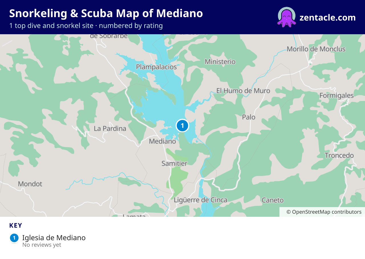 Snorkeling & Scuba Map of Mediano: numbered map of the top 1 dive and snorkel sites, with ratings