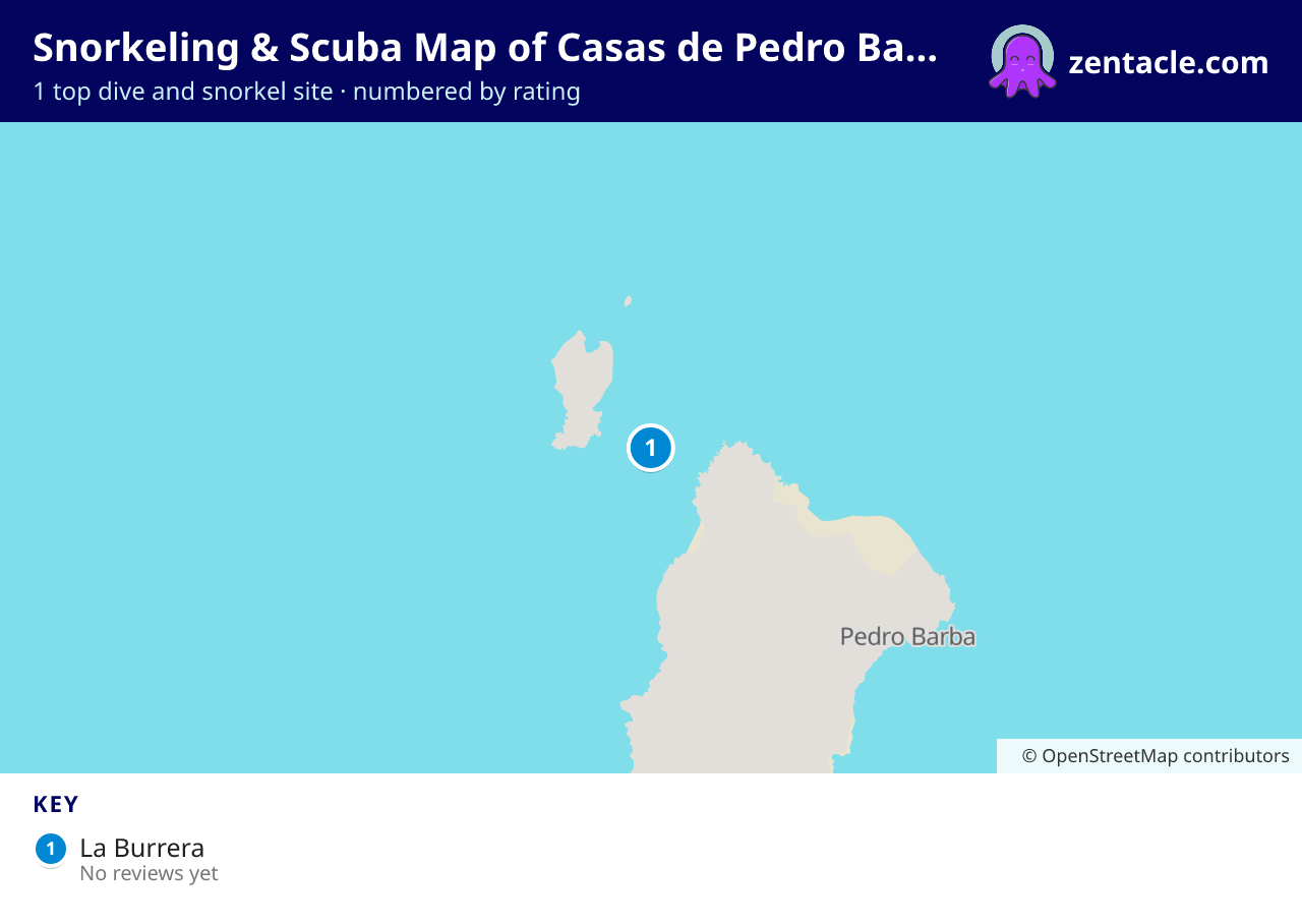 Snorkeling & Scuba Map of Casas de Pedro Barba: numbered map of the top 1 dive and snorkel sites, with ratings