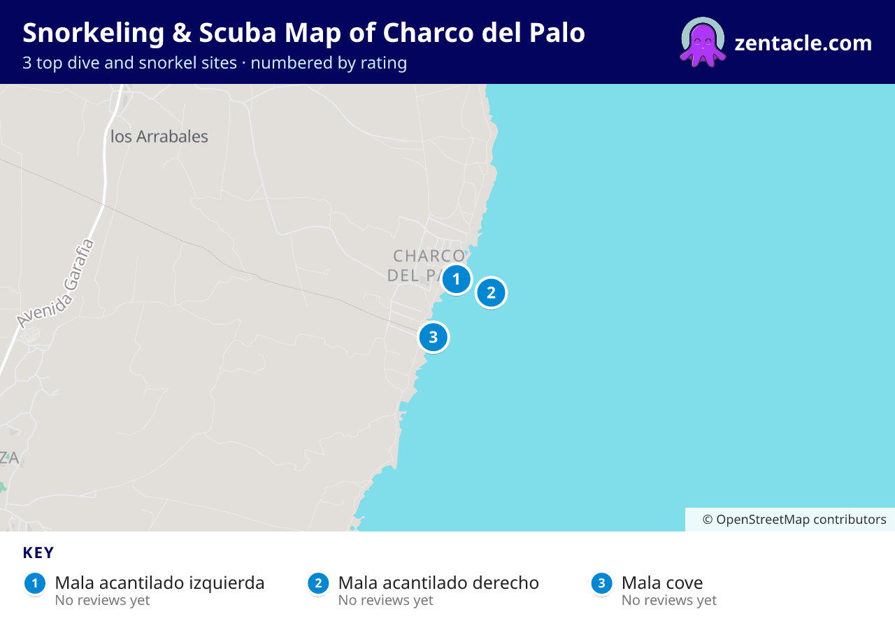 Snorkeling & Scuba Map of Charco del Palo: numbered map of the top 3 dive and snorkel sites, with ratings