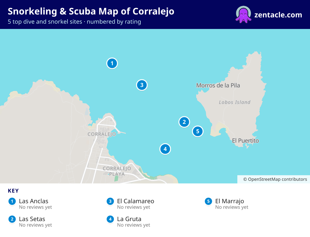 Snorkeling & Scuba Map of Corralejo: numbered map of the top 5 dive and snorkel sites, with ratings