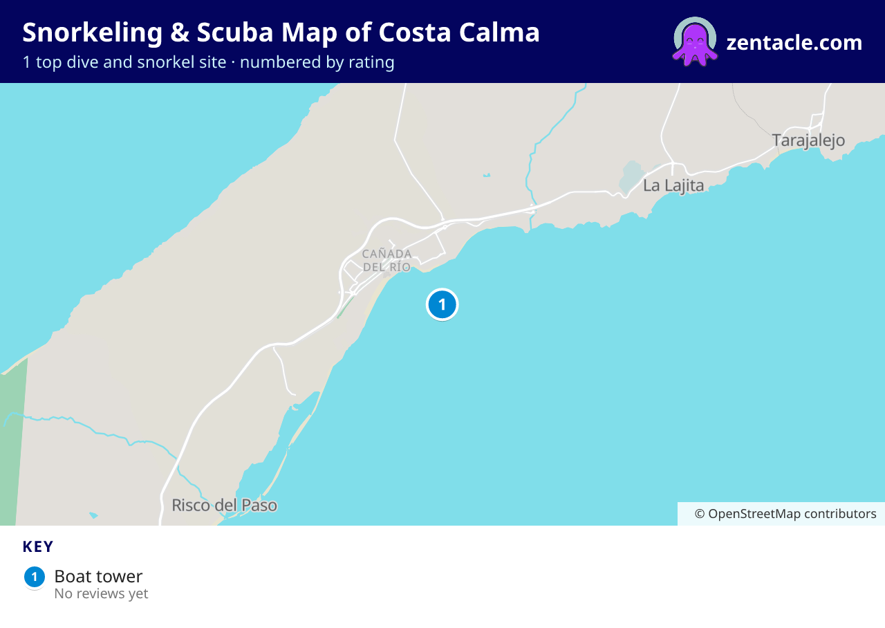 Snorkeling & Scuba Map of Costa Calma: numbered map of the top 1 dive and snorkel sites, with ratings