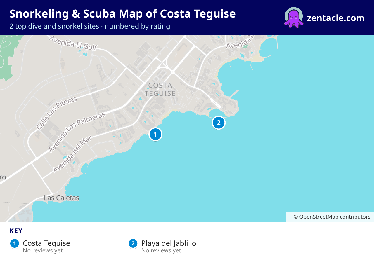 Snorkeling & Scuba Map of Costa Teguise: numbered map of the top 2 dive and snorkel sites, with ratings