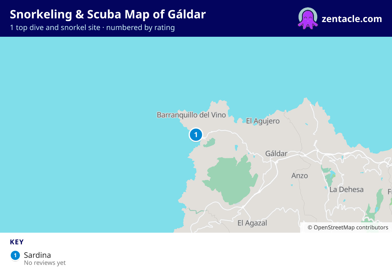 Snorkeling & Scuba Map of Gáldar: numbered map of the top 1 dive and snorkel sites, with ratings