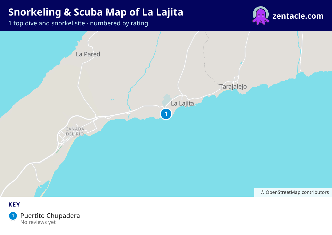 Snorkeling & Scuba Map of La Lajita: numbered map of the top 1 dive and snorkel sites, with ratings