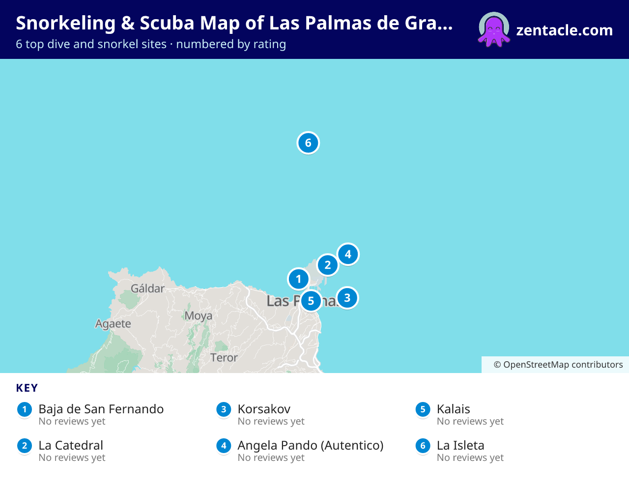 Snorkeling & Scuba Map of Las Palmas de Gran Canaria: numbered map of the top 6 dive and snorkel sites, with ratings