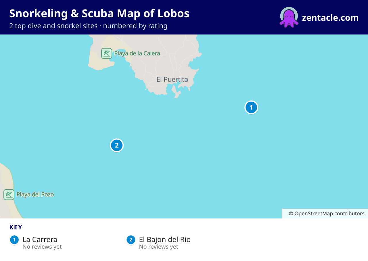 Snorkeling & Scuba Map of Lobos: numbered map of the top 2 dive and snorkel sites, with ratings