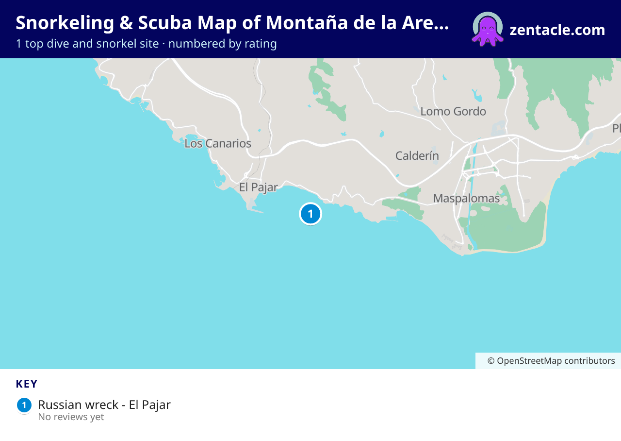 Snorkeling & Scuba Map of Montaña de la Arena: numbered map of the top 1 dive and snorkel sites, with ratings