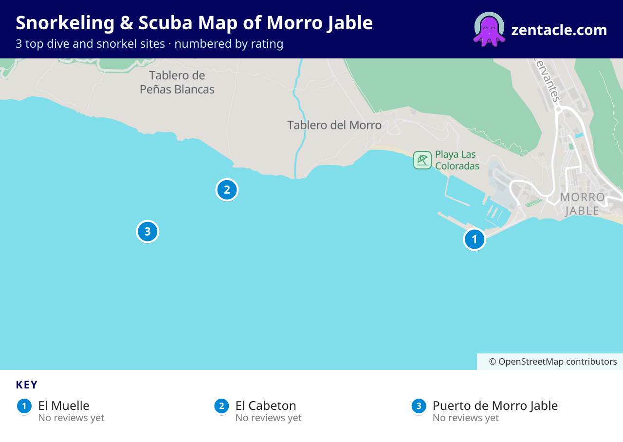 Snorkeling & Scuba Map of Morro Jable: numbered map of the top 3 dive and snorkel sites, with ratings