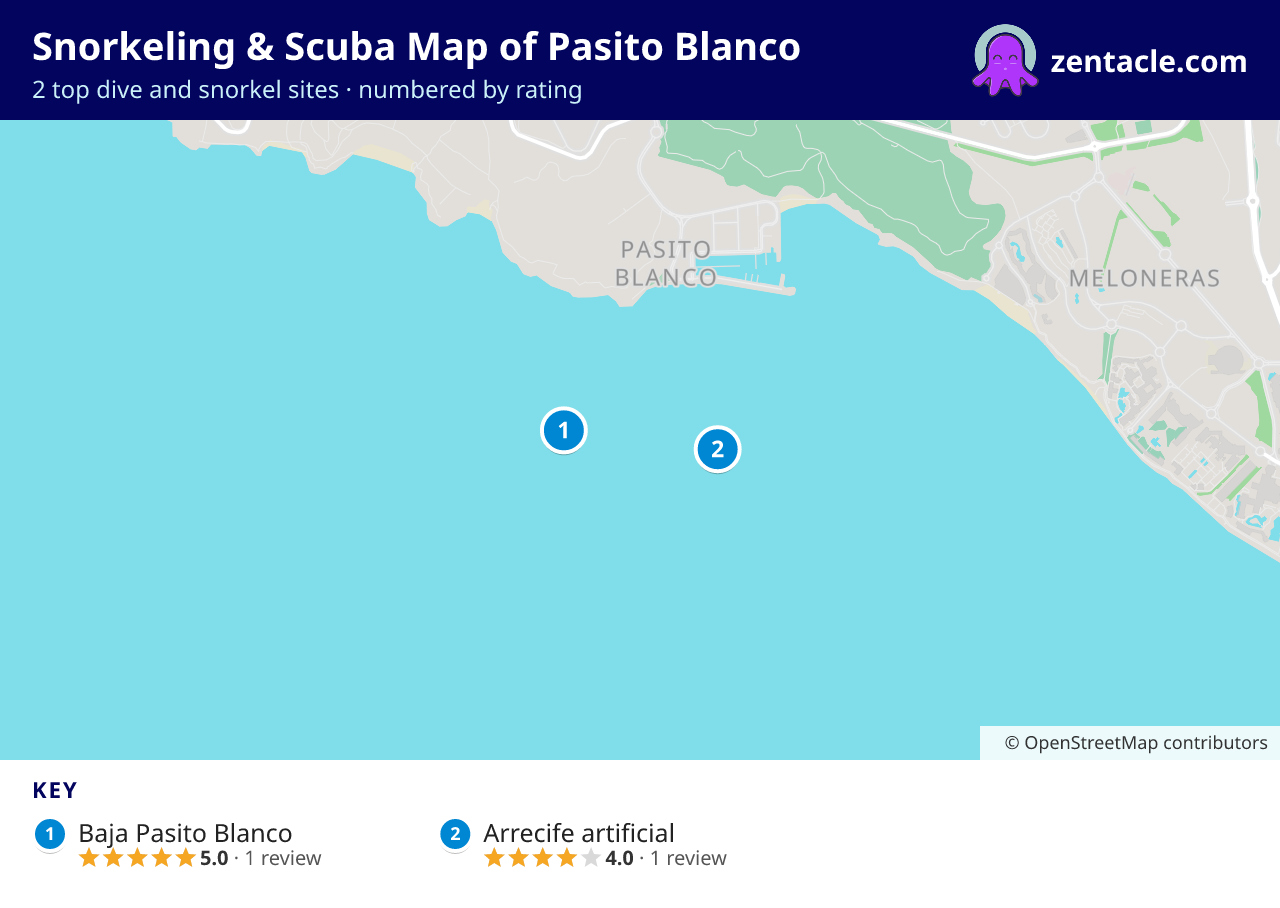 Snorkeling & Scuba Map of Pasito Blanco: numbered map of the top 2 dive and snorkel sites, with ratings