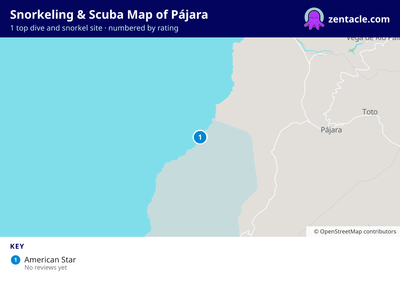 Snorkeling & Scuba Map of Pájara: numbered map of the top 1 dive and snorkel sites, with ratings