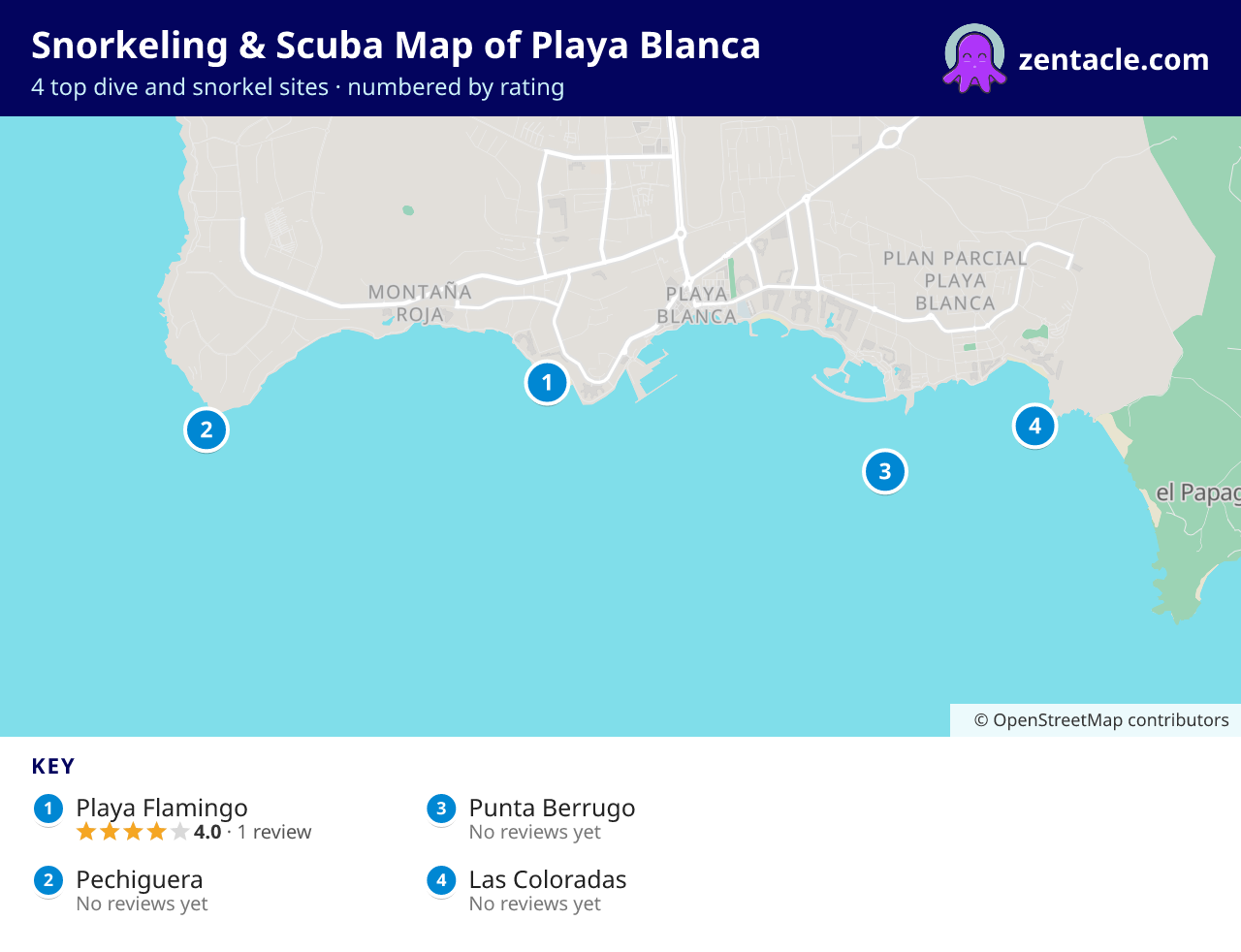 Snorkeling & Scuba Map of Playa Blanca: numbered map of the top 4 dive and snorkel sites, with ratings