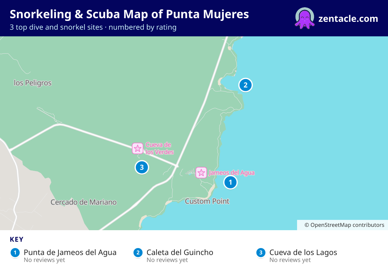 Snorkeling & Scuba Map of Punta Mujeres: numbered map of the top 3 dive and snorkel sites, with ratings