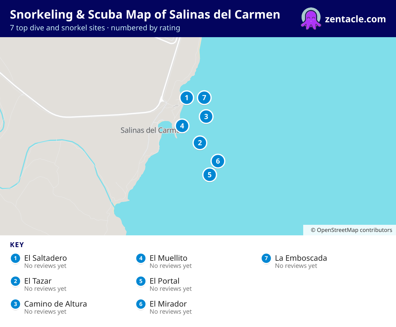 Snorkeling & Scuba Map of Salinas del Carmen: numbered map of the top 7 dive and snorkel sites, with ratings