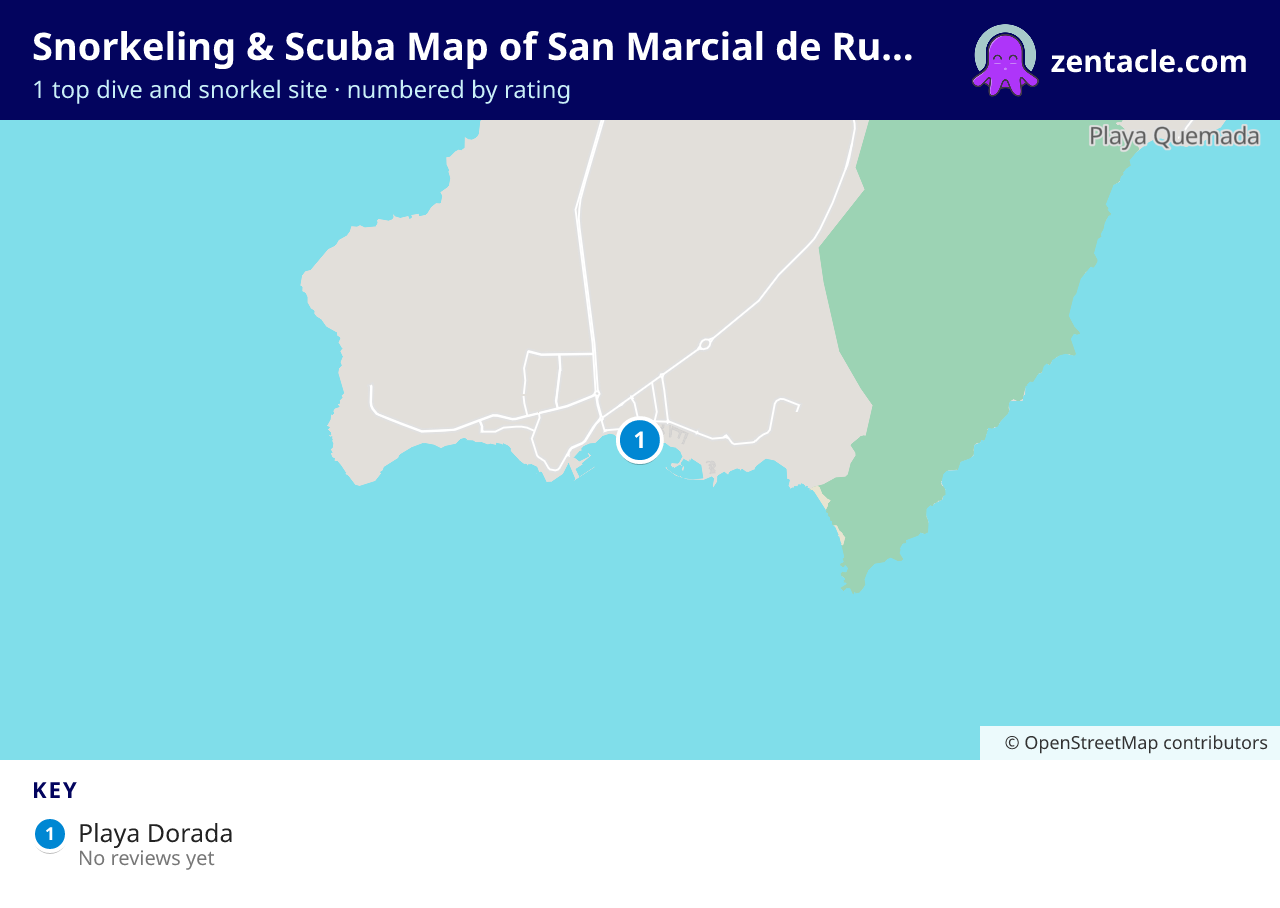 Snorkeling & Scuba Map of San Marcial de Rubicón: numbered map of the top 1 dive and snorkel sites, with ratings
