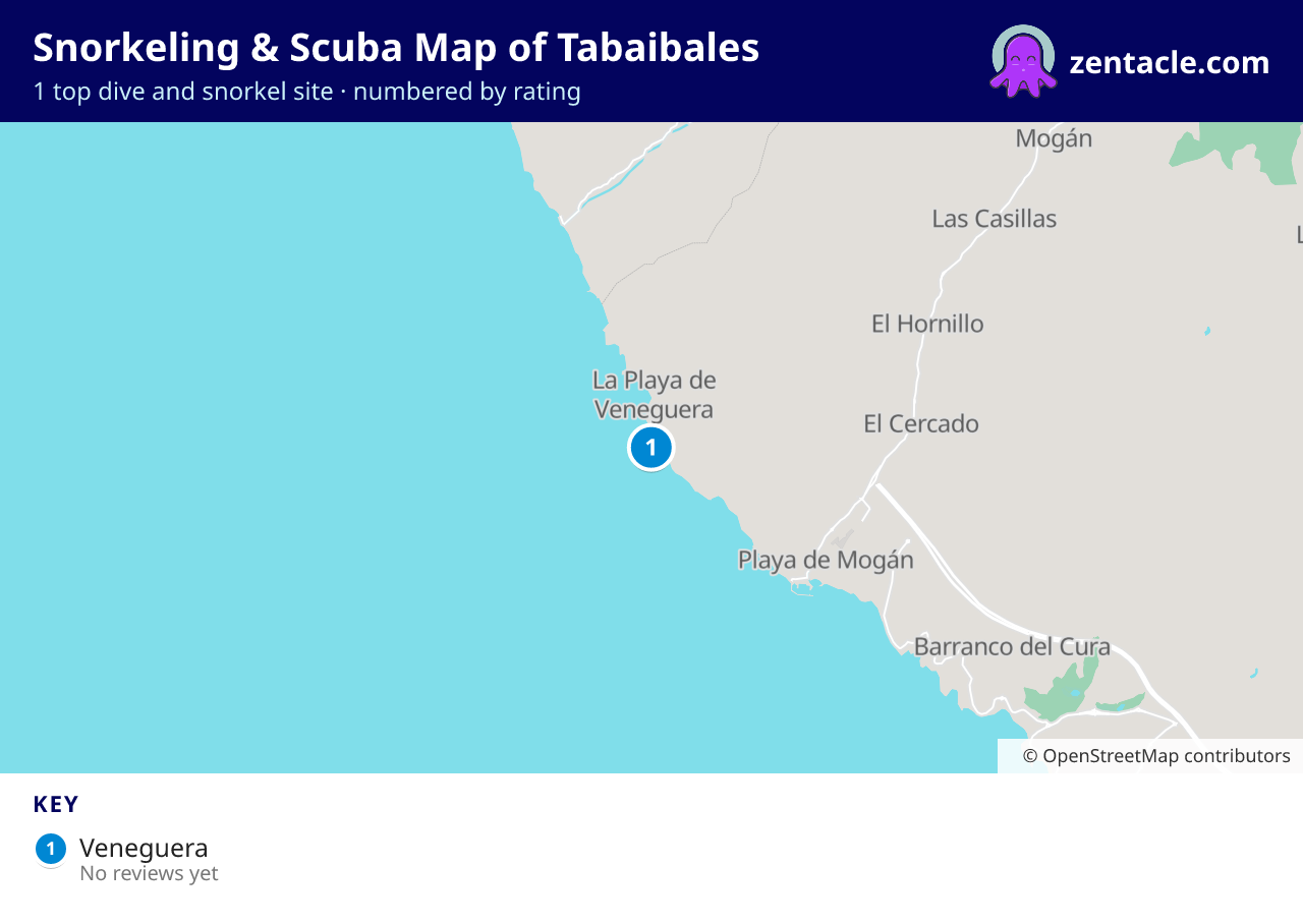 Snorkeling & Scuba Map of Tabaibales: numbered map of the top 1 dive and snorkel sites, with ratings