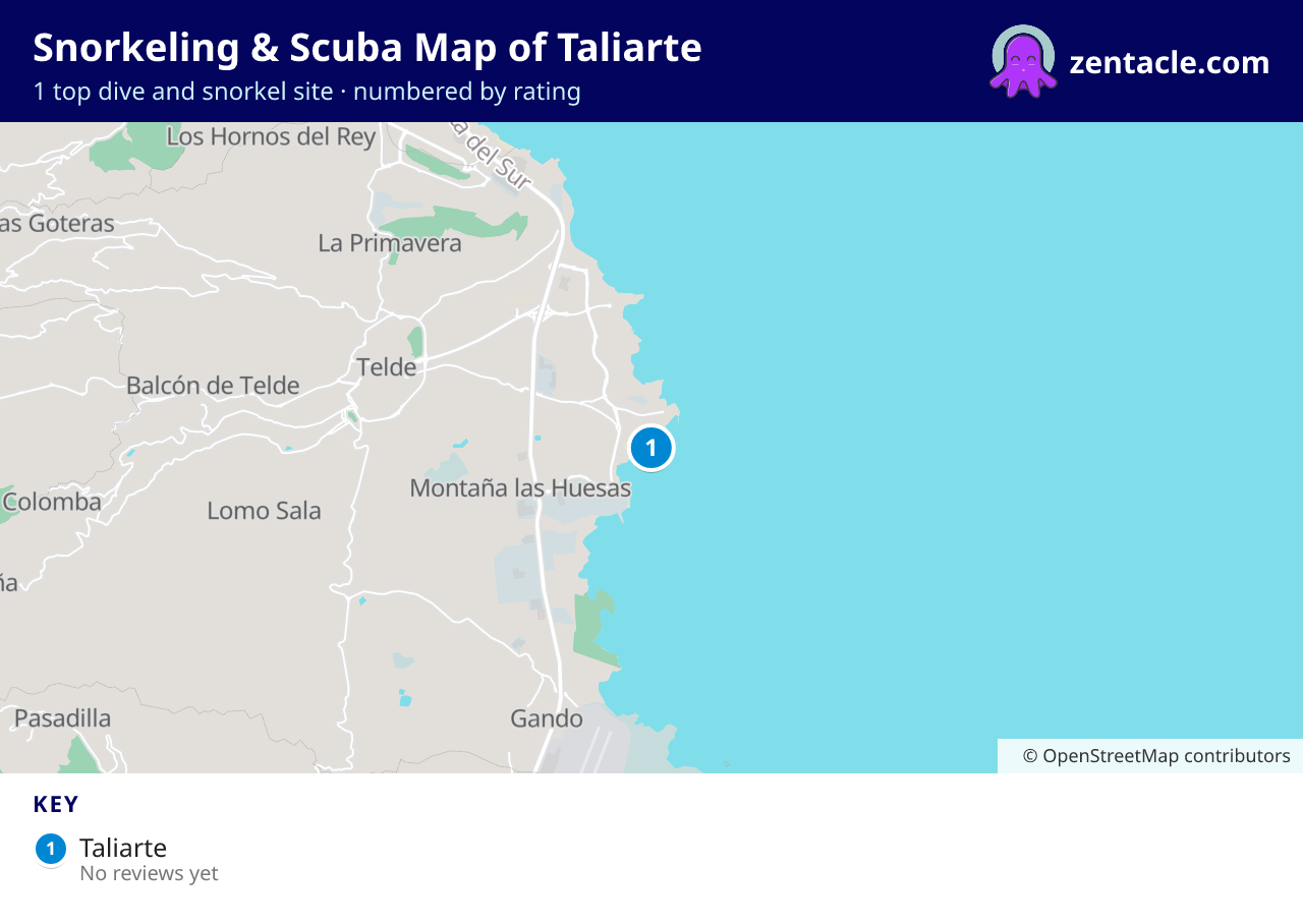 Snorkeling & Scuba Map of Taliarte: numbered map of the top 1 dive and snorkel sites, with ratings