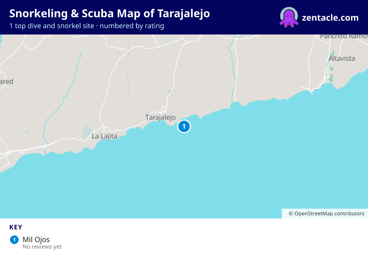 Snorkeling & Scuba Map of Tarajalejo: numbered map of the top 1 dive and snorkel sites, with ratings