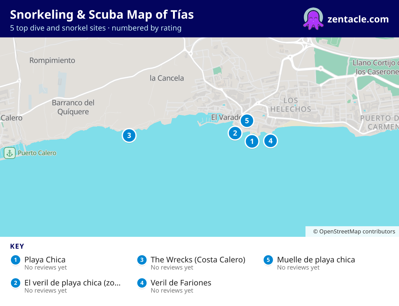 Snorkeling & Scuba Map of Tías: numbered map of the top 5 dive and snorkel sites, with ratings