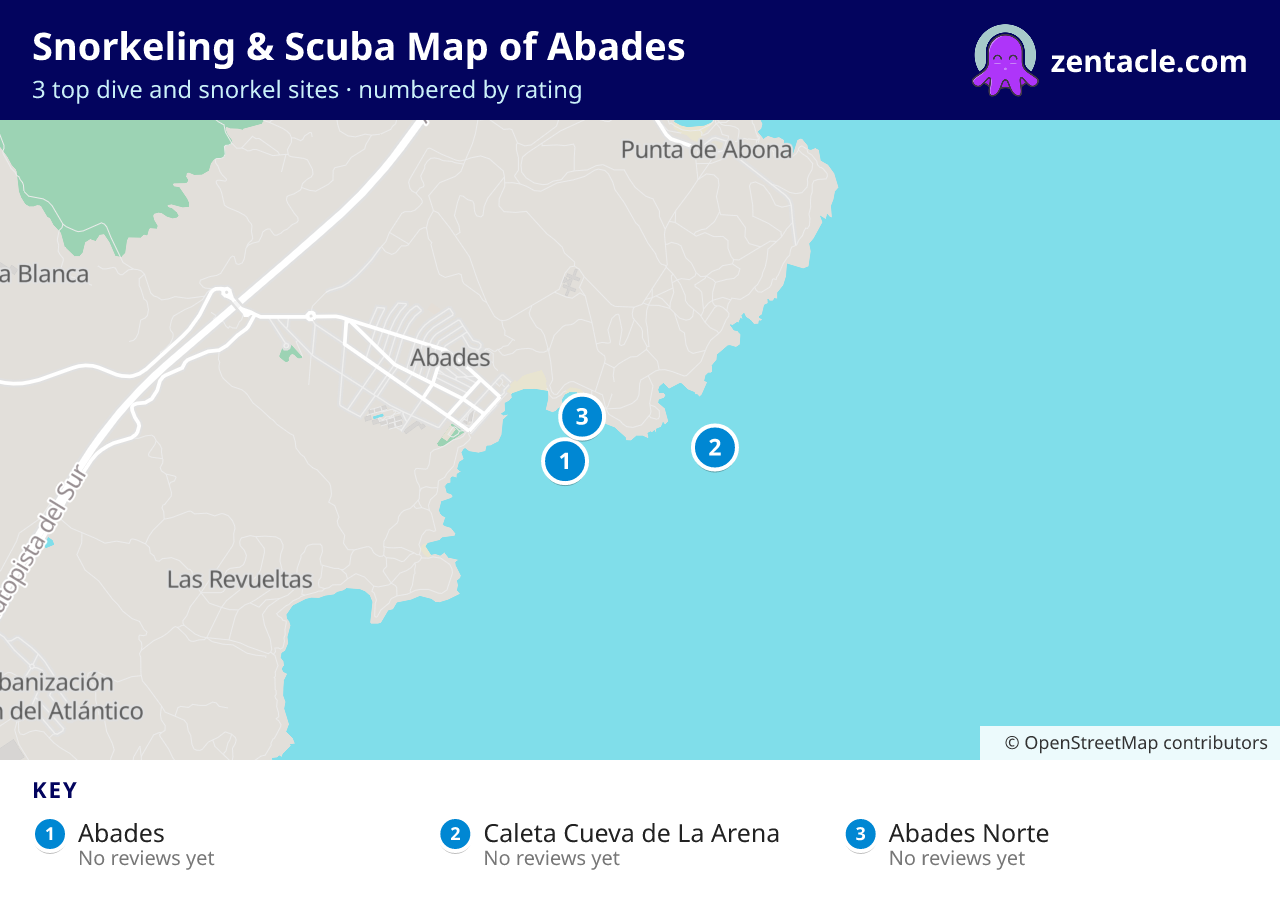 Snorkeling & Scuba Map of Abades: numbered map of the top 3 dive and snorkel sites, with ratings