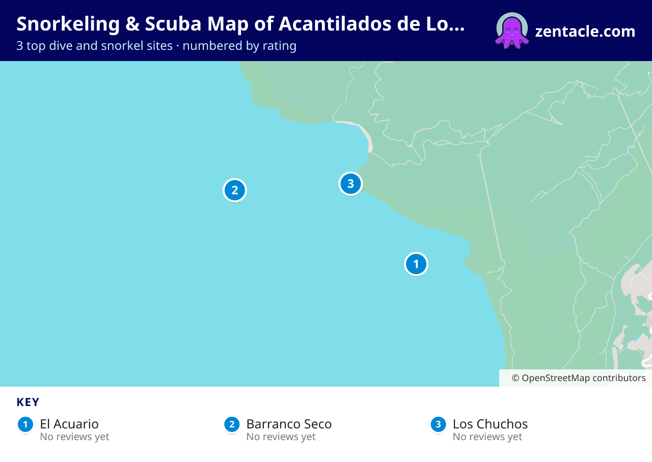 Snorkeling & Scuba Map of Acantilados de Los Gigantes: numbered map of the top 3 dive and snorkel sites, with ratings