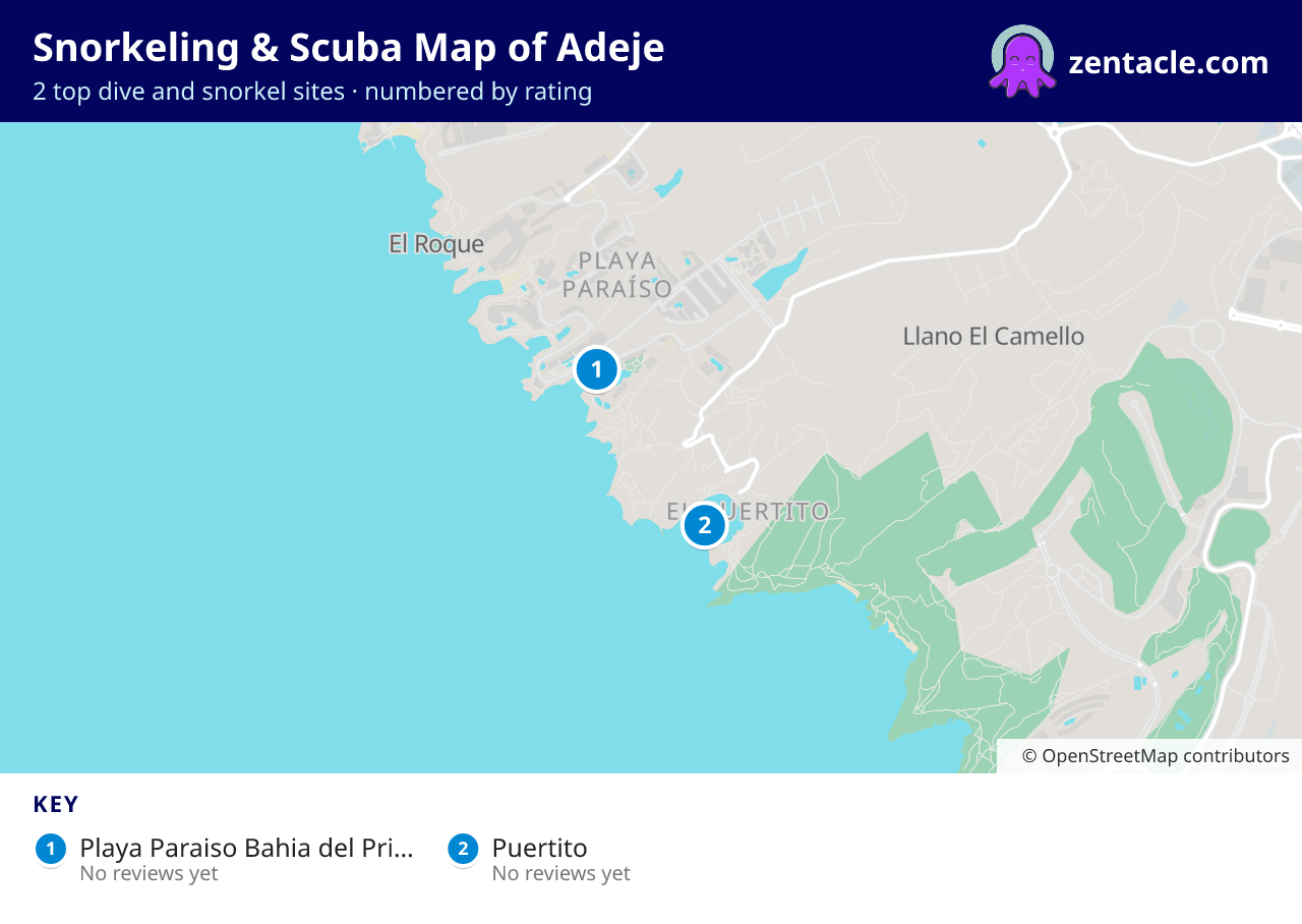 Snorkeling & Scuba Map of Adeje: numbered map of the top 2 dive and snorkel sites, with ratings
