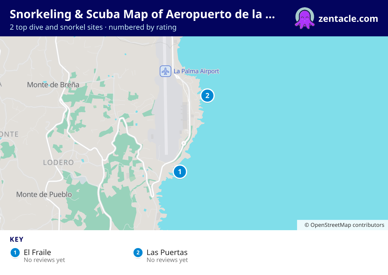 Snorkeling & Scuba Map of Aeropuerto de la Palma: numbered map of the top 2 dive and snorkel sites, with ratings
