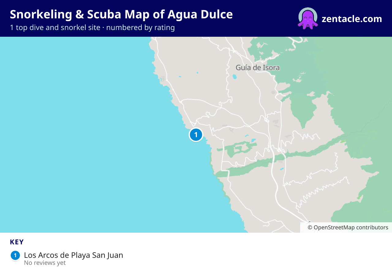 Snorkeling & Scuba Map of Agua Dulce: numbered map of the top 1 dive and snorkel sites, with ratings