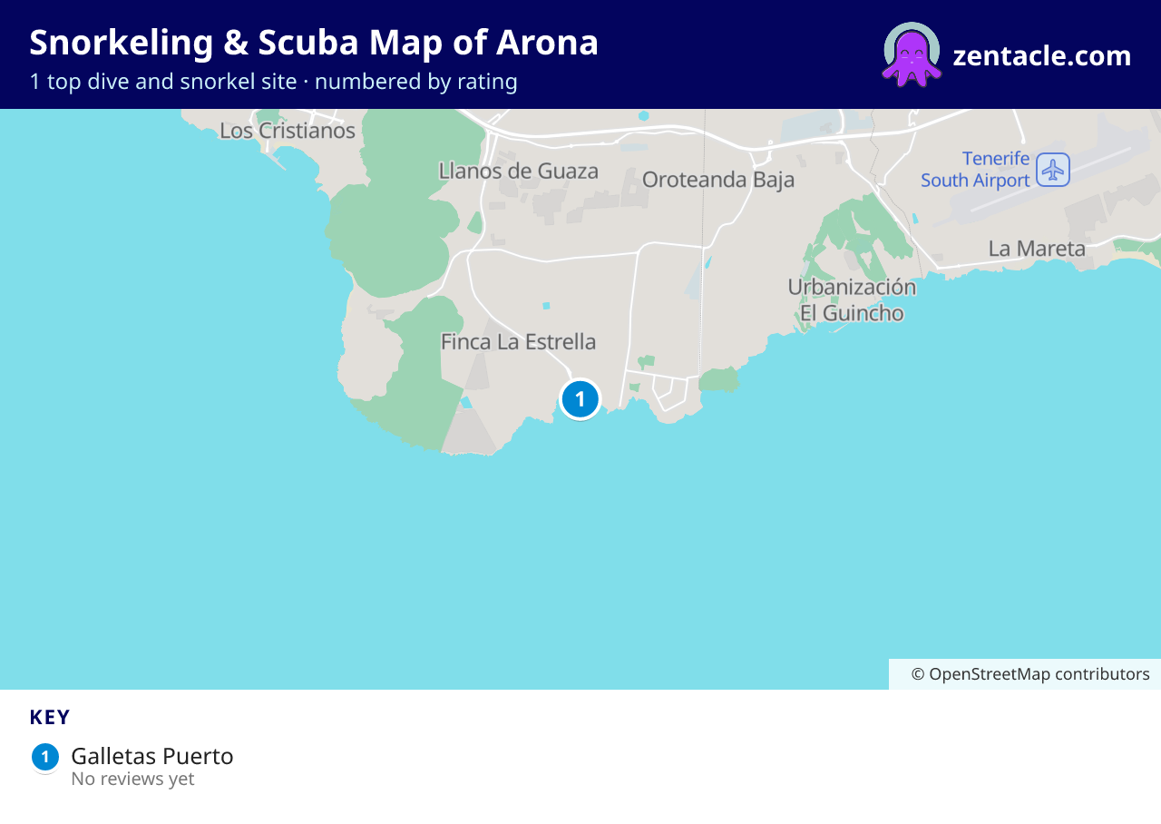 Snorkeling & Scuba Map of Arona: numbered map of the top 1 dive and snorkel sites, with ratings