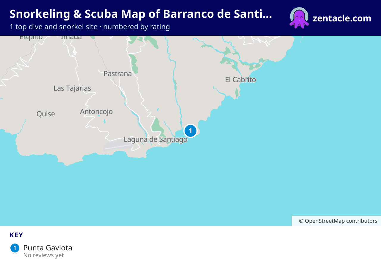 Snorkeling & Scuba Map of Barranco de Santiago: numbered map of the top 1 dive and snorkel sites, with ratings