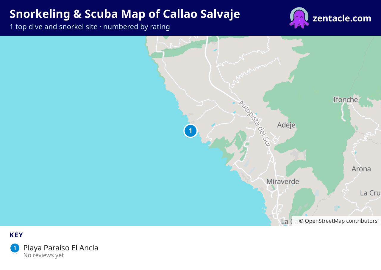 Snorkeling & Scuba Map of Callao Salvaje: numbered map of the top 1 dive and snorkel sites, with ratings