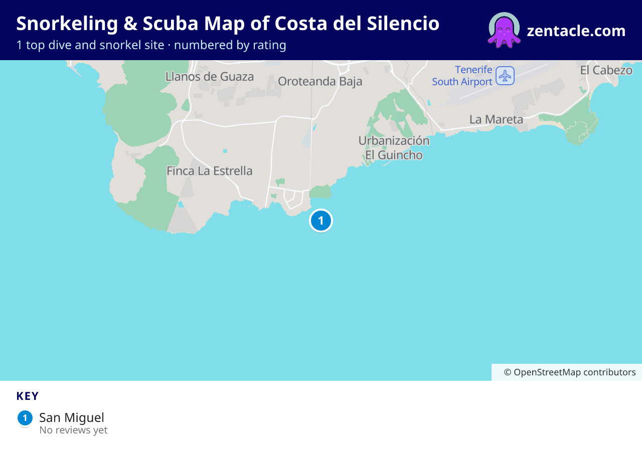 Snorkeling & Scuba Map of Costa del Silencio: numbered map of the top 1 dive and snorkel sites, with ratings