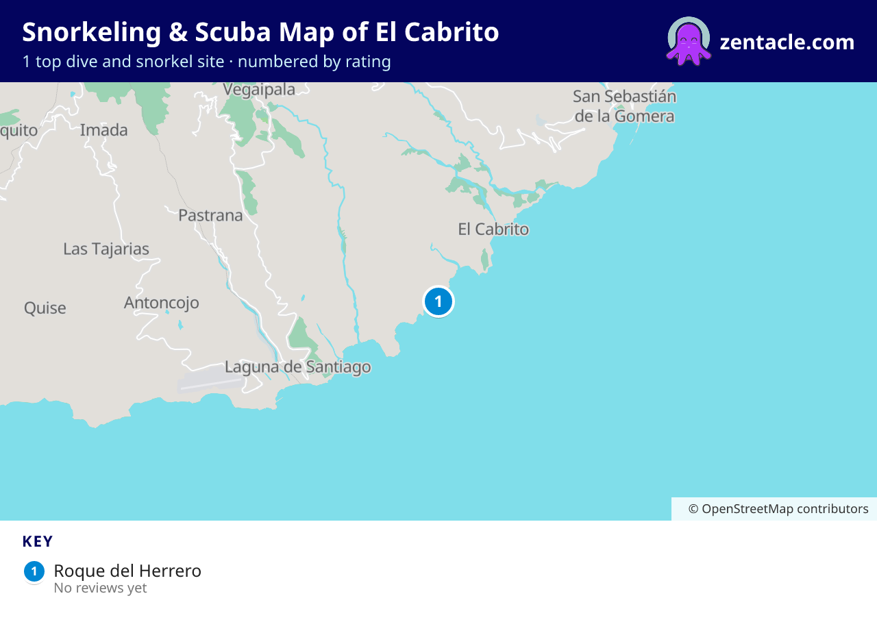 Snorkeling & Scuba Map of El Cabrito: numbered map of the top 1 dive and snorkel sites, with ratings