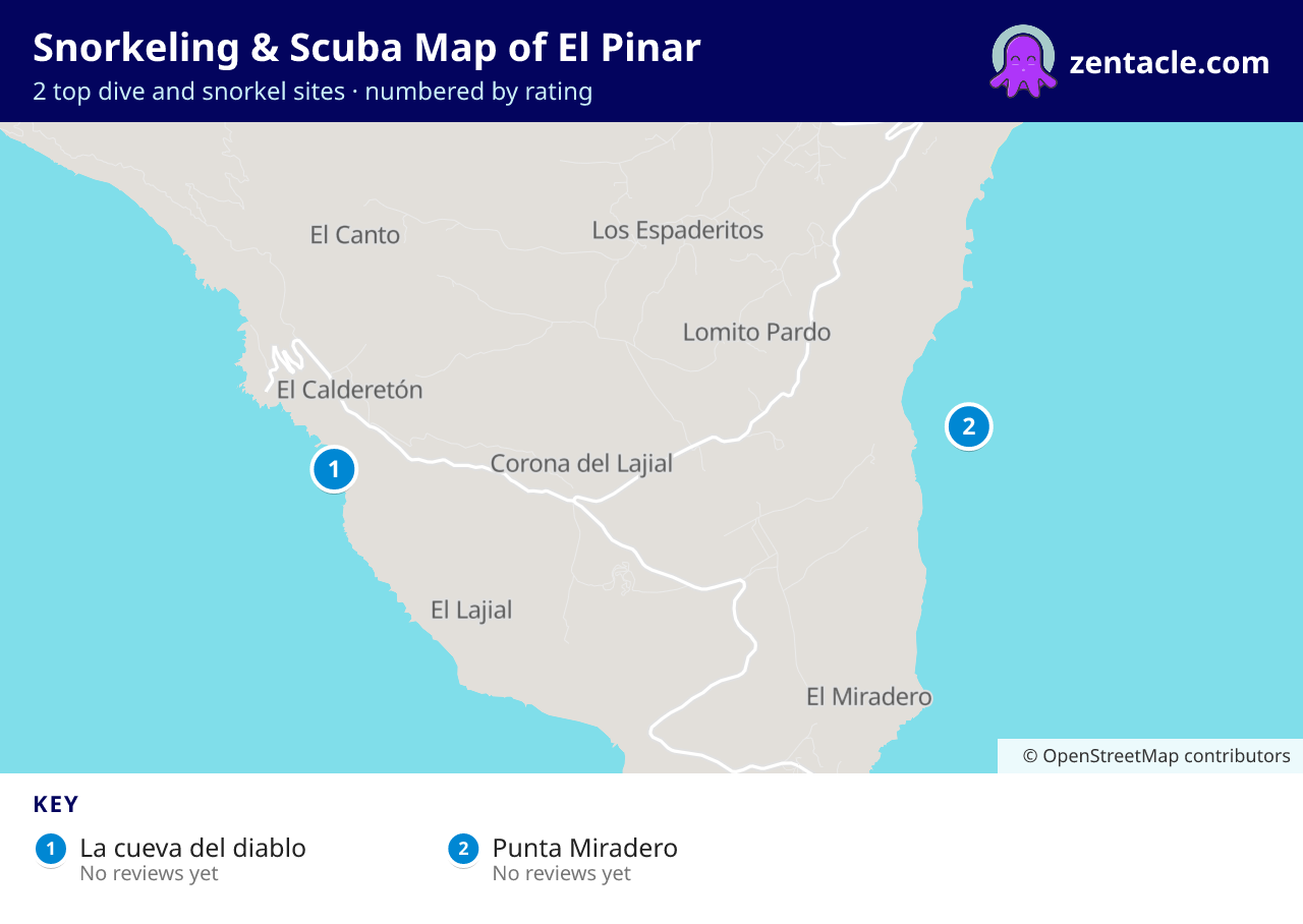 Snorkeling & Scuba Map of El Pinar: numbered map of the top 2 dive and snorkel sites, with ratings