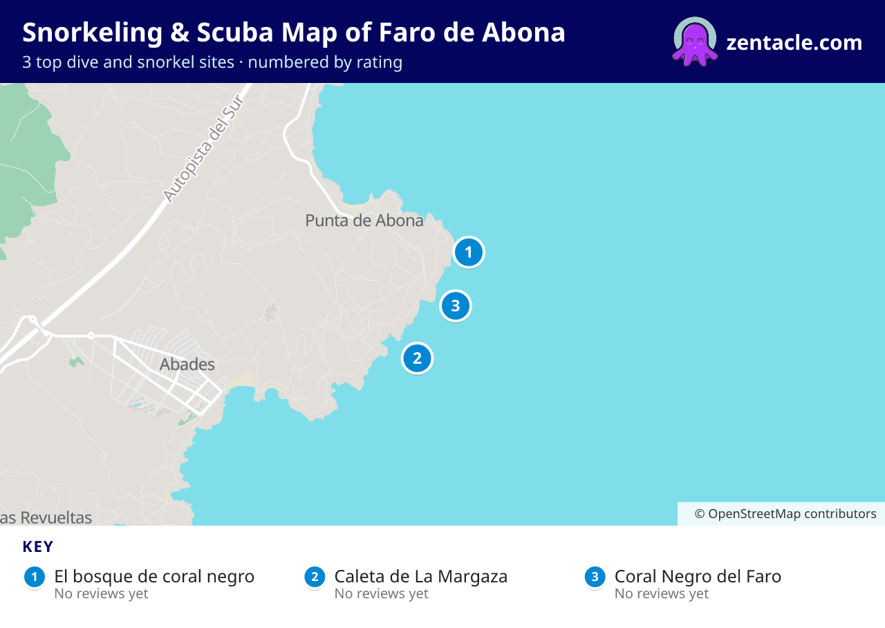 Snorkeling & Scuba Map of Faro de Abona: numbered map of the top 3 dive and snorkel sites, with ratings