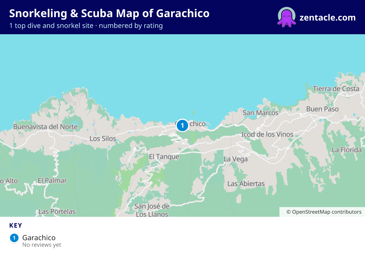 Snorkeling & Scuba Map of Garachico: numbered map of the top 1 dive and snorkel sites, with ratings