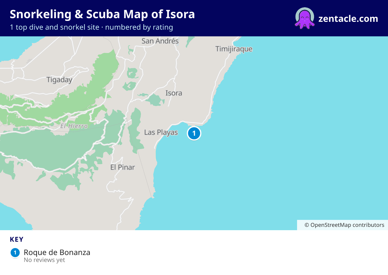 Snorkeling & Scuba Map of Isora: numbered map of the top 1 dive and snorkel sites, with ratings