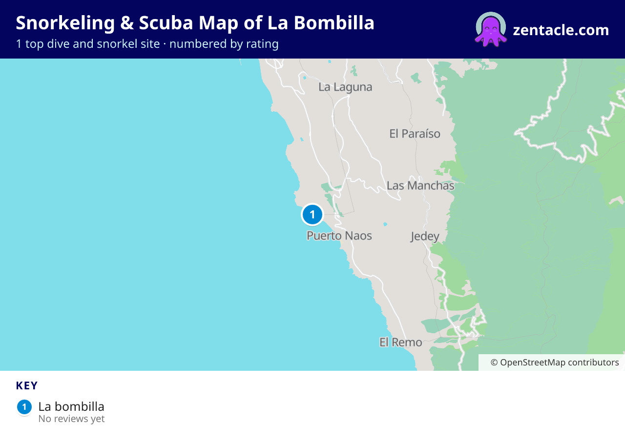 Snorkeling & Scuba Map of La Bombilla: numbered map of the top 1 dive and snorkel sites, with ratings