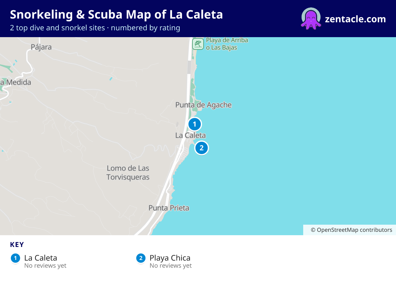 Snorkeling & Scuba Map of La Caleta: numbered map of the top 2 dive and snorkel sites, with ratings