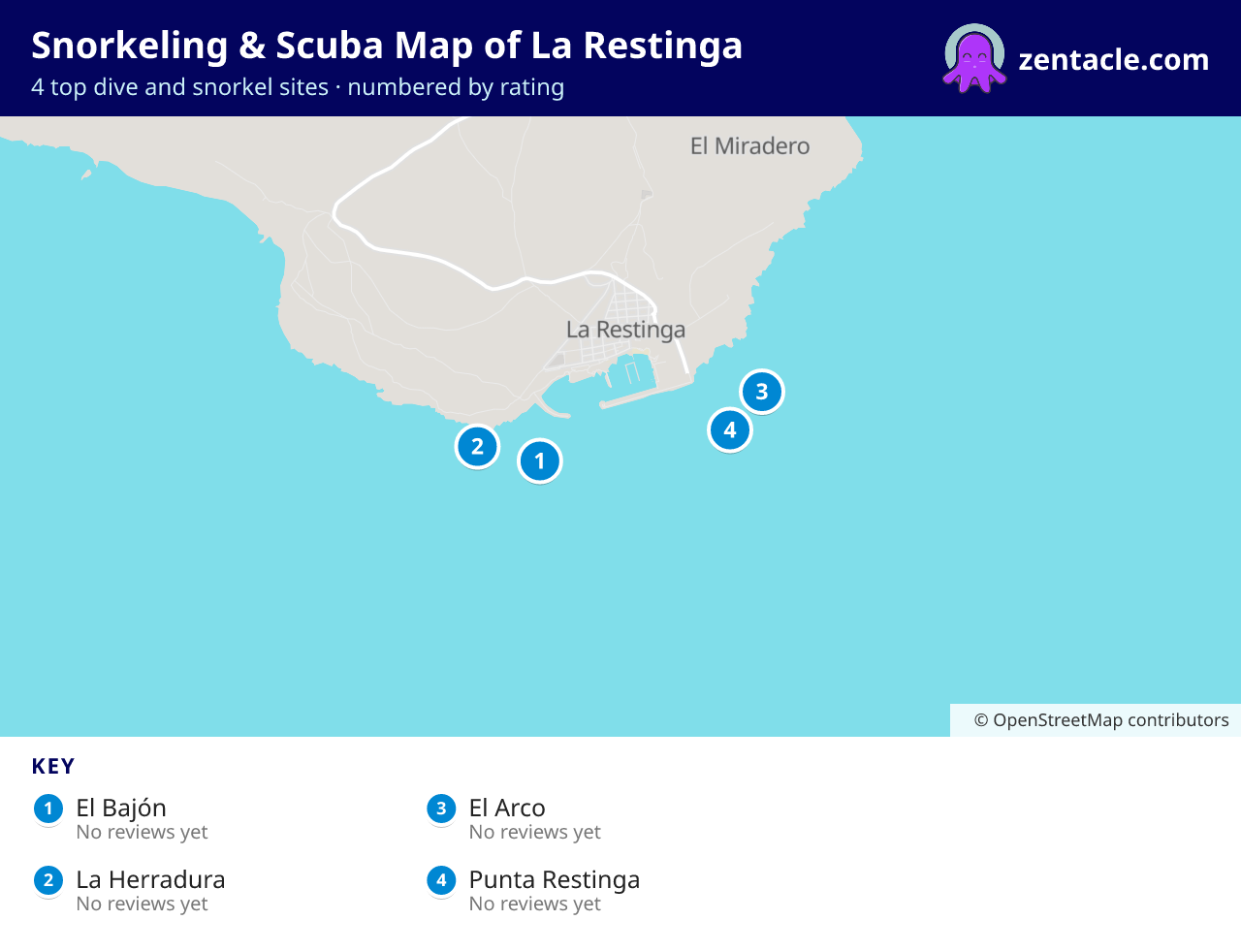 Snorkeling & Scuba Map of La Restinga: numbered map of the top 4 dive and snorkel sites, with ratings