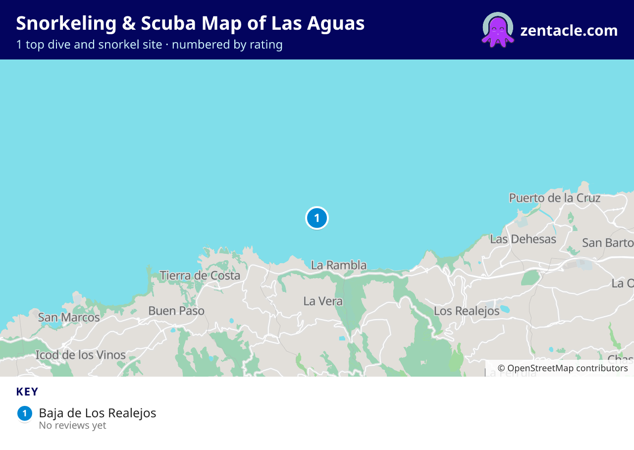 Snorkeling & Scuba Map of Las Aguas: numbered map of the top 1 dive and snorkel sites, with ratings