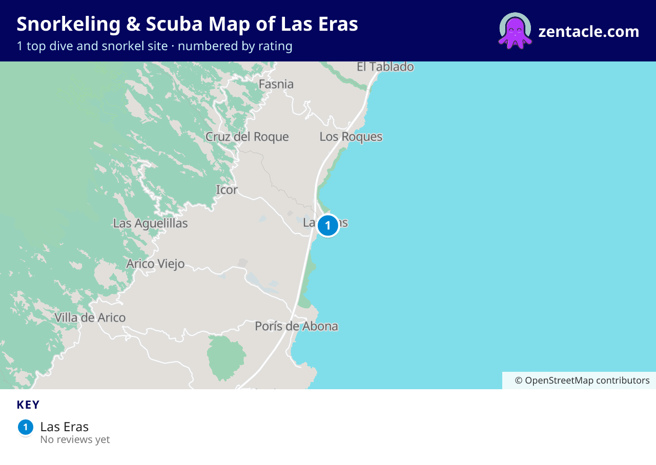Snorkeling & Scuba Map of Las Eras: numbered map of the top 1 dive and snorkel sites, with ratings