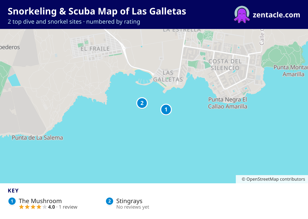 Snorkeling & Scuba Map of Las Galletas: numbered map of the top 2 dive and snorkel sites, with ratings