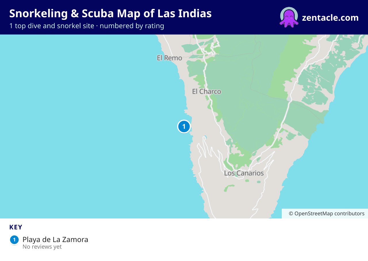 Snorkeling & Scuba Map of Las Indias: numbered map of the top 1 dive and snorkel sites, with ratings