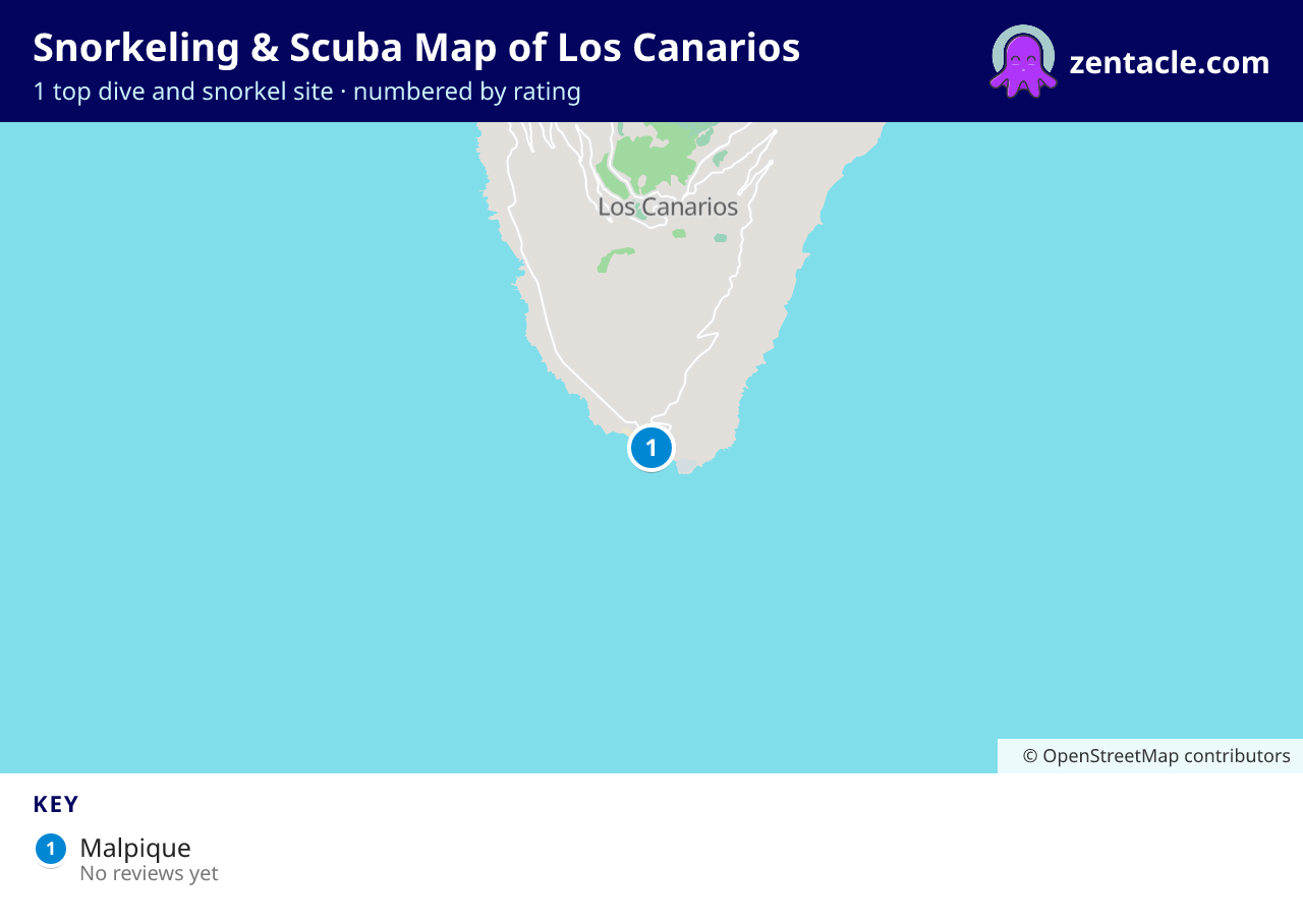 Snorkeling & Scuba Map of Los Canarios: numbered map of the top 1 dive and snorkel sites, with ratings