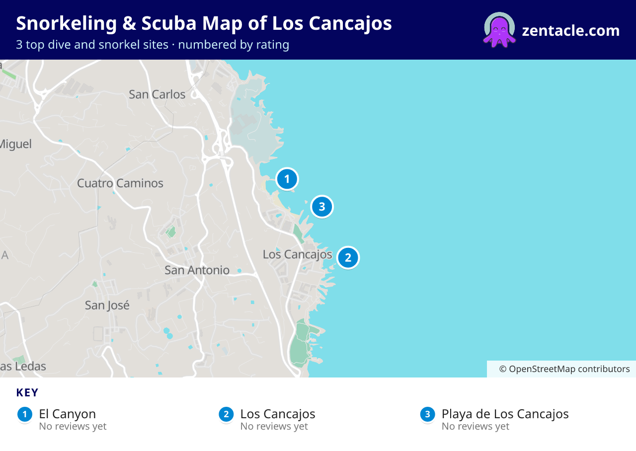 Snorkeling & Scuba Map of Los Cancajos: numbered map of the top 3 dive and snorkel sites, with ratings