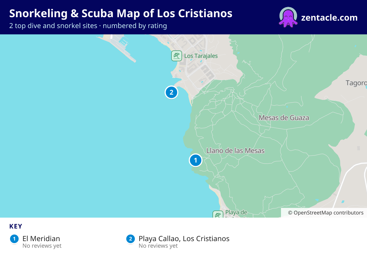 Snorkeling & Scuba Map of Los Cristianos: numbered map of the top 2 dive and snorkel sites, with ratings