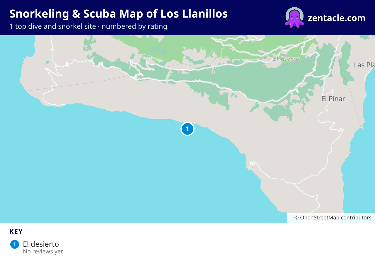 Snorkeling & Scuba Map of Los Llanillos: numbered map of the top 1 dive and snorkel sites, with ratings
