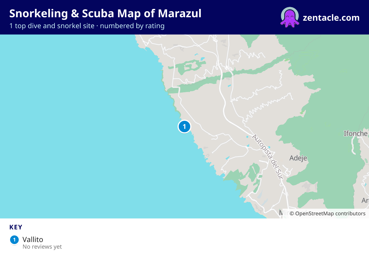 Snorkeling & Scuba Map of Marazul: numbered map of the top 1 dive and snorkel sites, with ratings